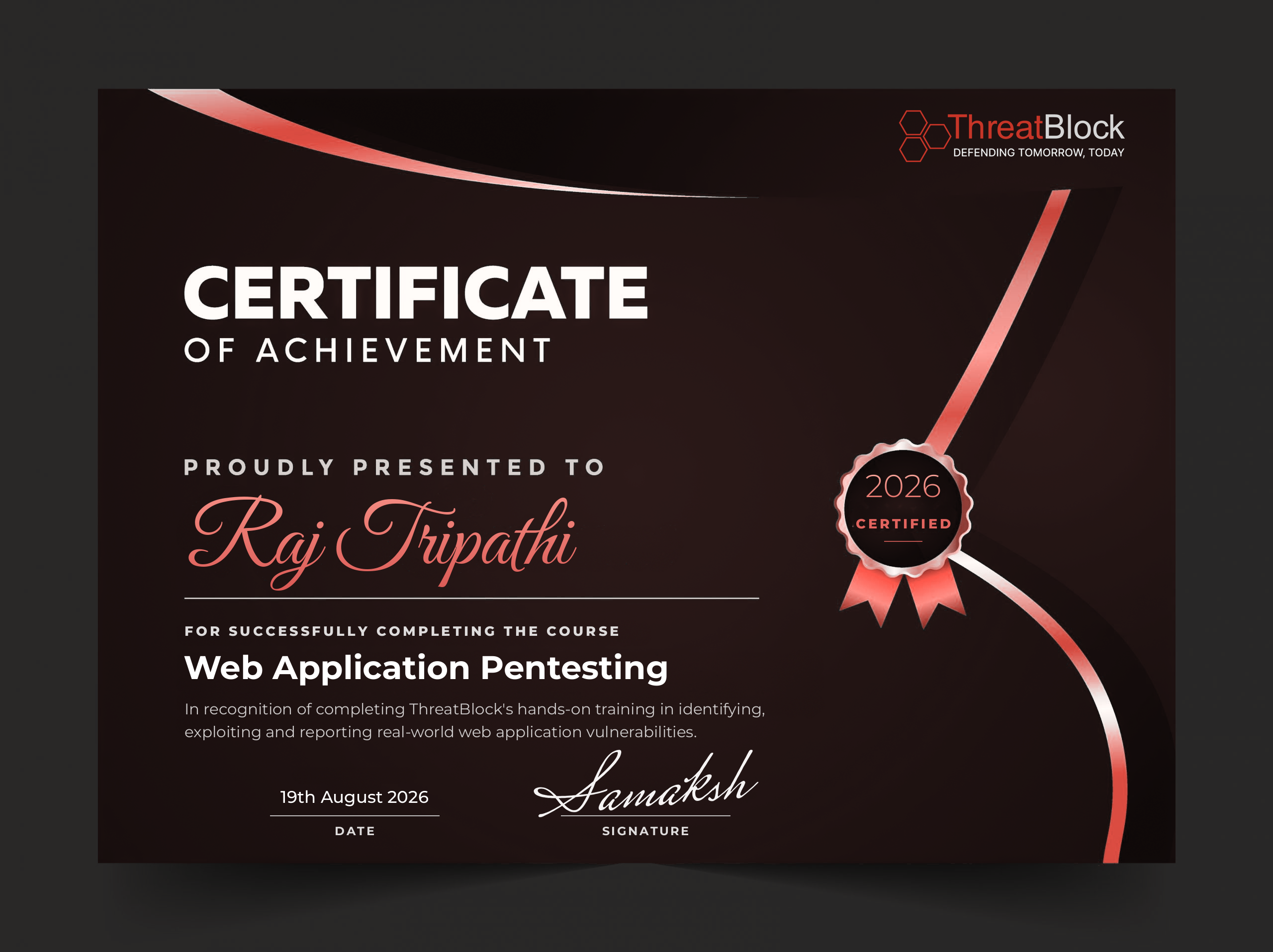 ThreatBlock Certificate of Achievement — Sample
